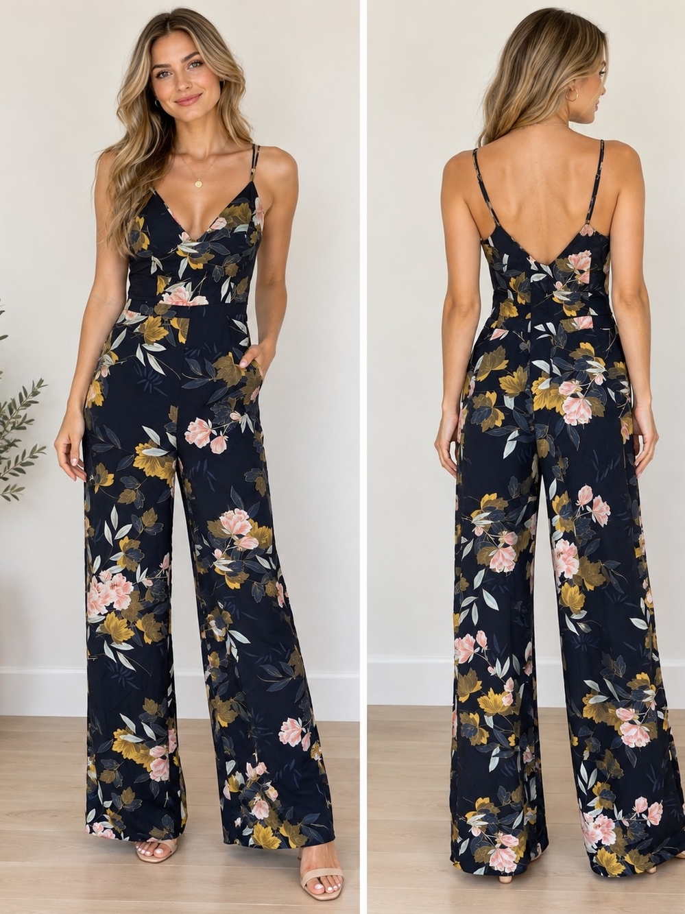 Sleeveless Floral Wide-Leg Jumpsuit in Navy